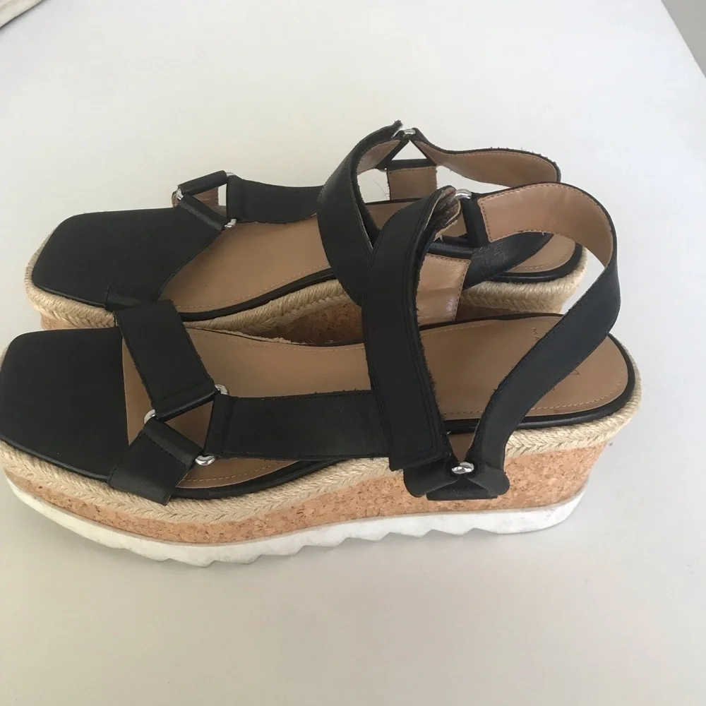 Marc Fisher Espadrille 3.5 platform wedge strap leather sandals black size 10M